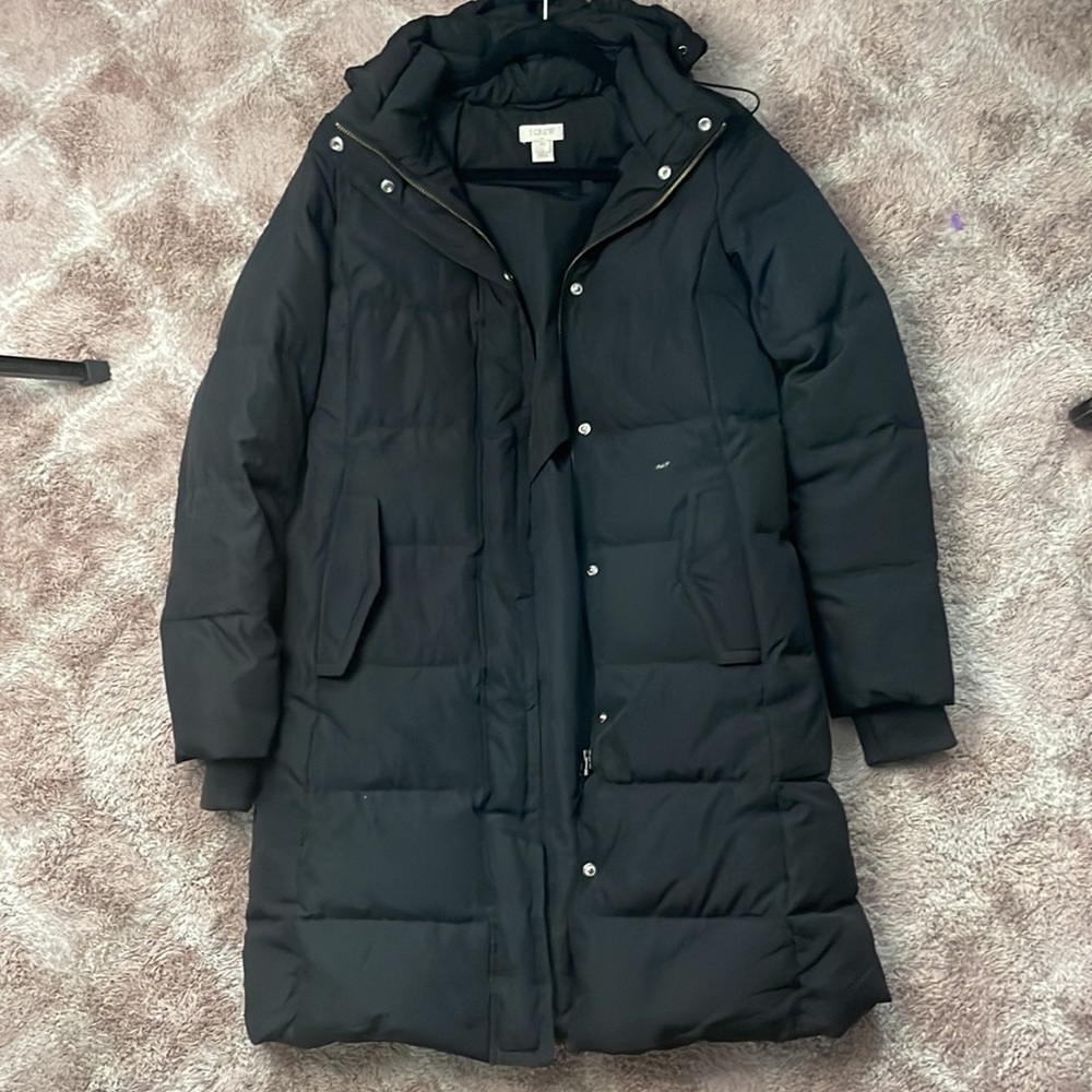 J. Crew long hooded puffer coat.